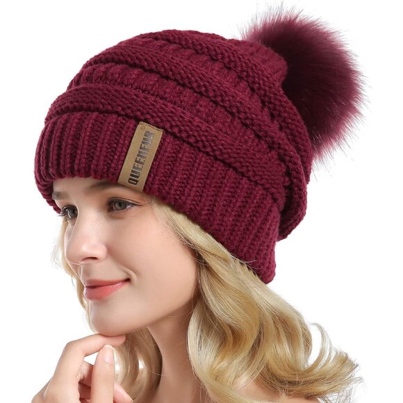 Women Burgundy Soft Acrylic Thick Baggy Knit Winter Faux Fur Pompom Beanie - Picture 2 of 6